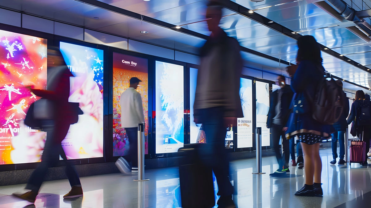 A crowd of passengers walking in an airport, with signs and digital screens visible in the background.